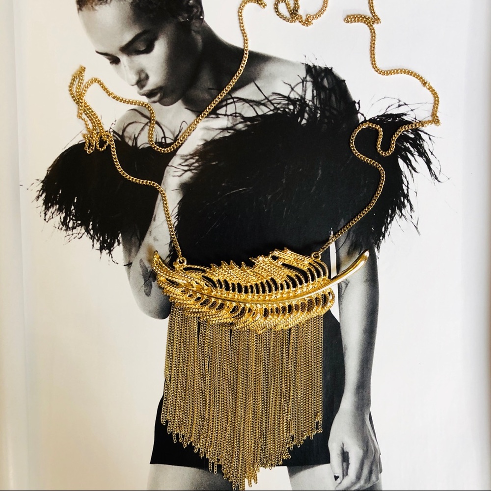 Long Statement Gold Chain Fringe Leaf Necklace